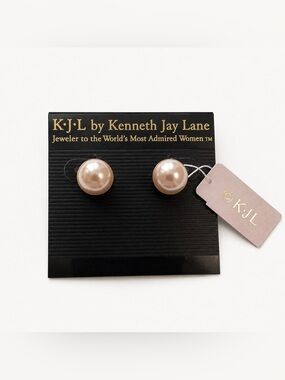 Kenneth Jay Lane Pearl Button Stud Earrings in Creamy Champagne Pinky Faux Pearl